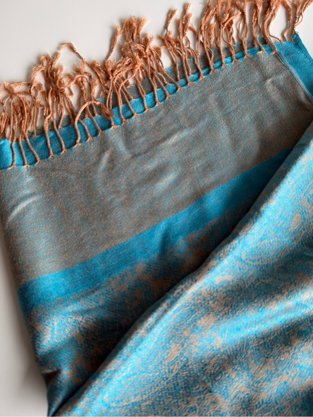 100% Pashmina Turquoise Paisley Fringe Shawl Wrap Scarf - Picture 3 of 8